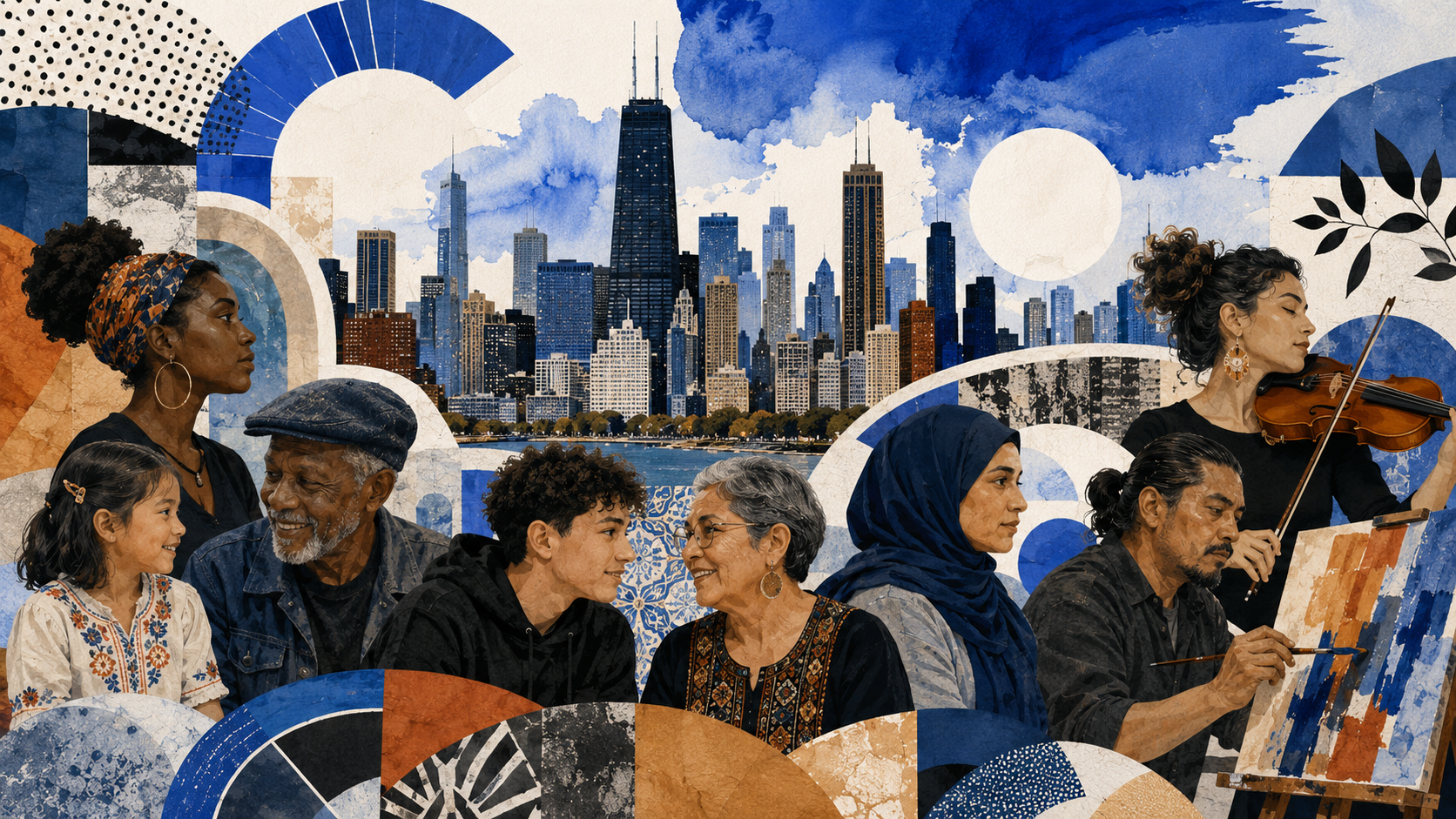 Editorial illustration showing diverse community members, artists, and cultural traditions connected across Chicago neighborhoods with the city skyline in the background.