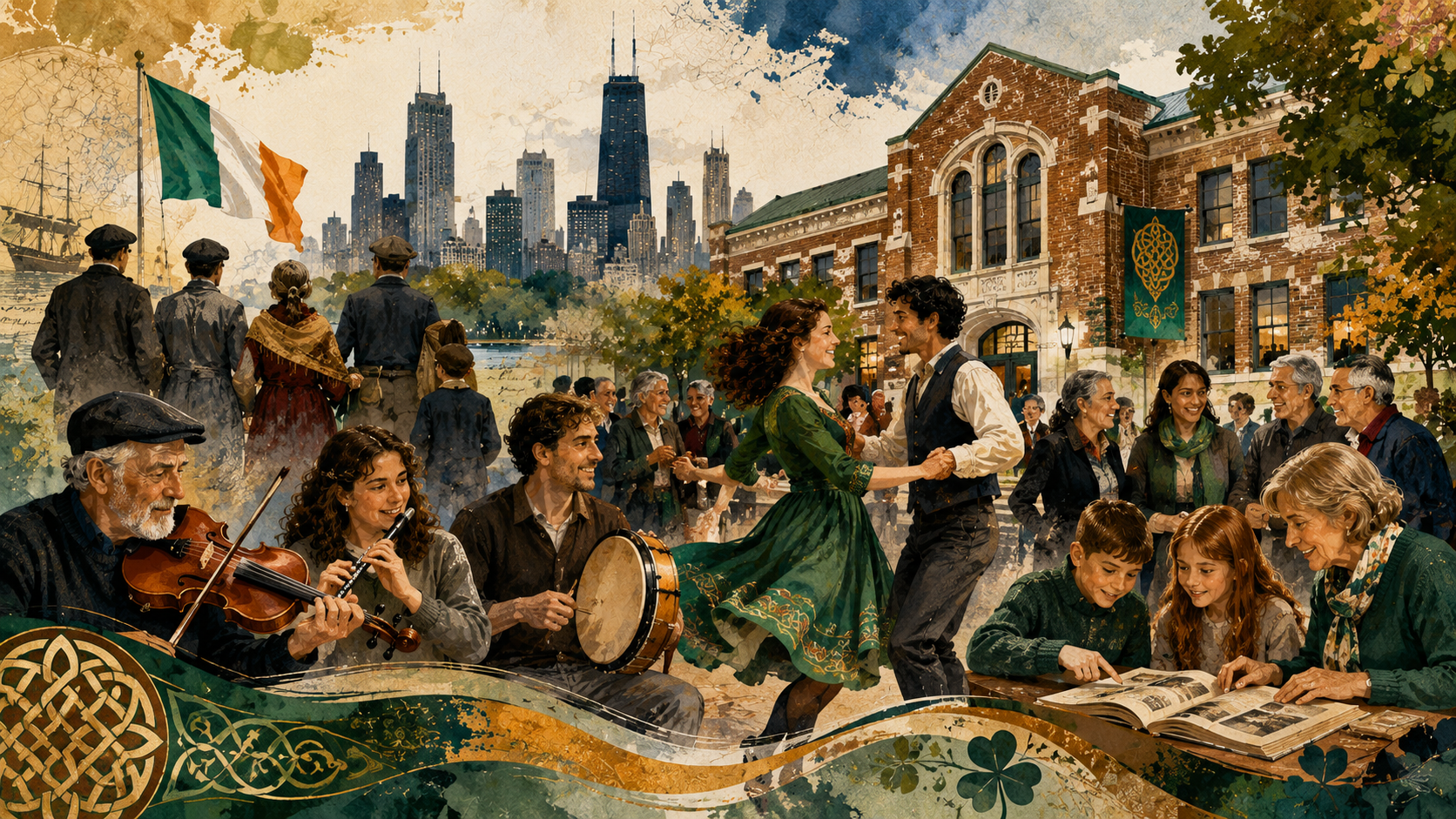 Editorial illustration of the Irish American Heritage Center in Chicago featuring Irish music, dance, cultural traditions, and community members gathered together with the Chicago skyline in the background.