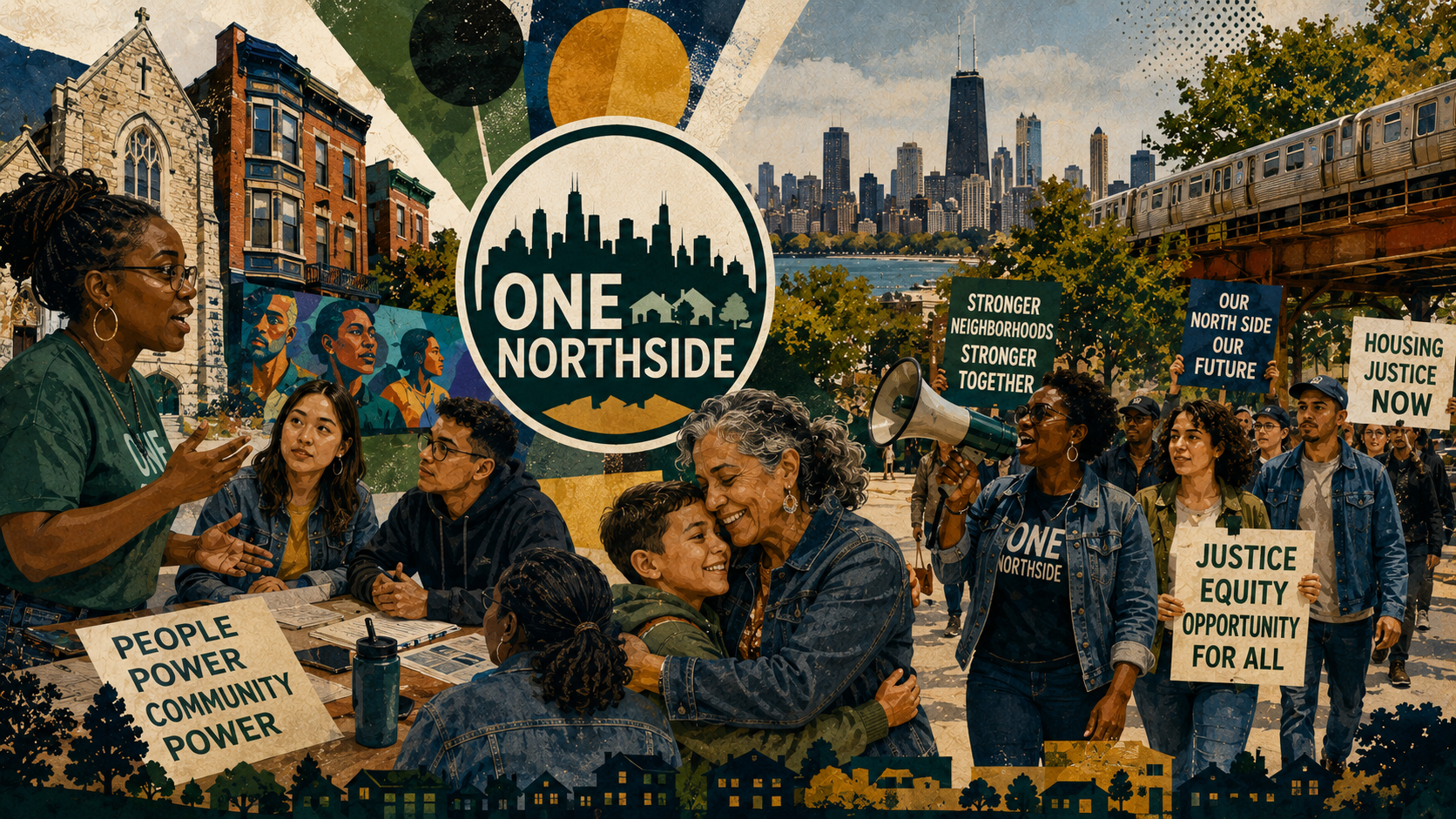 Editorial illustration representing ONE Northside community organizing efforts in Chicago, featuring diverse residents, grassroots leadership, neighborhood advocacy, and collective action across North Side communities.